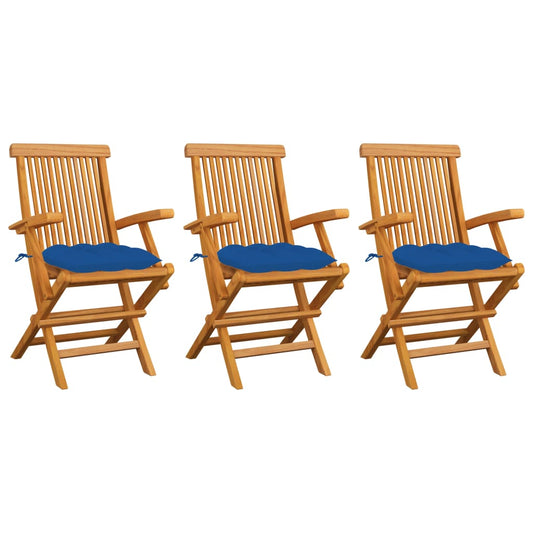 Gartenstühle mit Blauen Kissen 3 Stk. Massivholz Teak